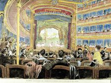 Inauguration of the Comedy Theatre in 1875, colored engraving La Ilustración Española y Americana
