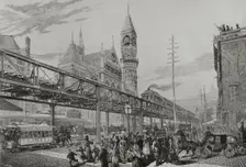 Inauguration of the elevated railway over streets and squares, New York, April 29, 1878. Creator: Enrique Alba