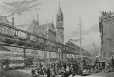 Inauguration of the elevated railway over streets and squares, New York, April 29, 1878. Creator: Enrique Alba