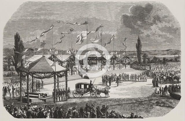 Inauguration of the railway station in Saragossa on May 12, 1856, engraving from the time.