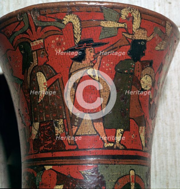 Incan beaker showing Spaniards and Peruvians, c.17th century. Artist: Unknown
