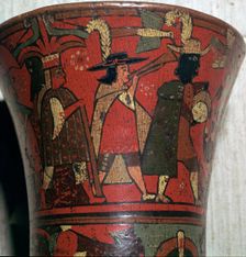 Incan beaker showing Spaniards and Peruvians, c.17th century
