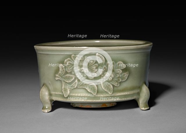 Incense Burner in Form of Archaic Lian with Peonies in Refief: Longquan Ware, 14th Century. Creator: Unknown.