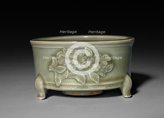 Incense Burner in Form of Archaic Lian with Peonies in Refief: Longquan Ware, 14th Century. Creator: Unknown.