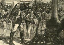 Incident in the Indian Mutiny: Lieut. De Kantzow Calming the Sepoys at Mynpooree 1890. Creator: Unknown