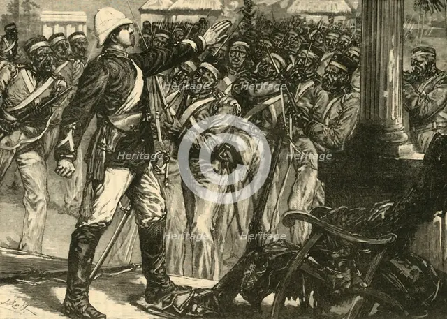 'Incident in the Indian Mutiny: Lieut. De Kantzow Calming the Sepoys at Mynpooree', 1890.   Creator: Unknown.
