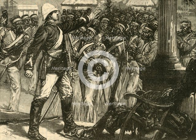 'Incident in the Indian Mutiny: Lieut. De Kantzow Calming the Sepoys at Mynpooree', 1890.   Creator: Unknown.