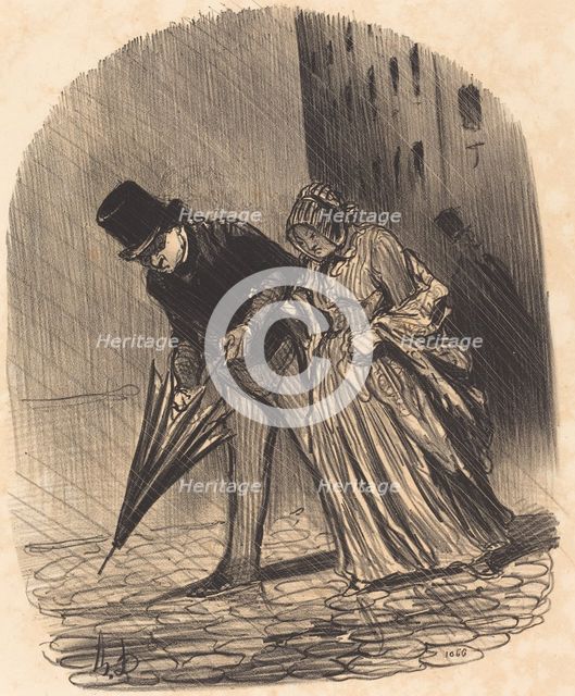 Inconvénient d'un parapluie à ressorts trop compliqués, 1847. Creator: Honore Daumier.