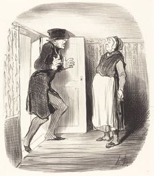 Inconvénient de visiter, sans précaution, un entresol dont le plafond est un peu trop bas, 1847. Creator: Honore Daumier