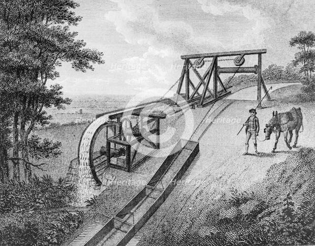 Inclined plane powered by water wheel in used on a canal, 1796. Artist: Unknown