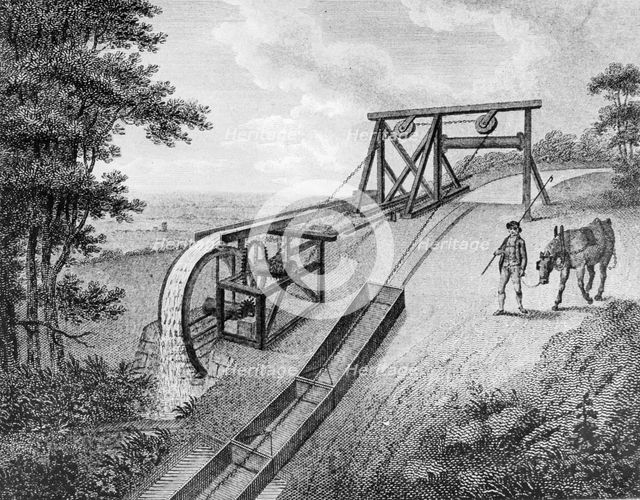 Inclined plane powered by water wheel in used on a canal, 1796. Creator: Unknown.
