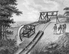 Inclined plane powered by water wheel in used on a canal, 1796. Creator: Unknown