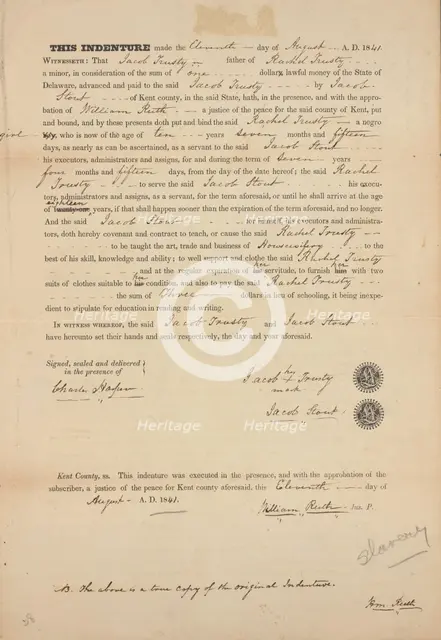 Indenture of Rachel Trusty, 1841-08-11. Creator: Unknown.