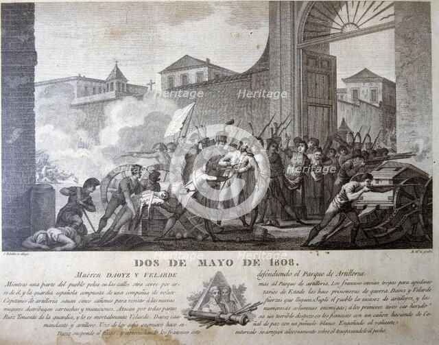 Independence War, death of Daoiz and Velarde in Monleón Park, Madrid, December 8, 1808, engraving.