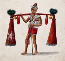 India: a man with a crutch carrying tubes decorated with bells and..., (between 1800 and 1899?). Creator: Unknown