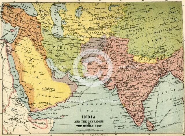 'India and the Campaigns of the Middle East', First World War, 1914-1918, (c1920). Creator: John Bartholomew & Son.
