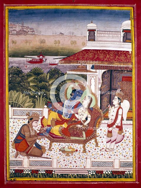 Indian miniature showing Krishna and a princess on a couch, 18th century. Artist: Unknown