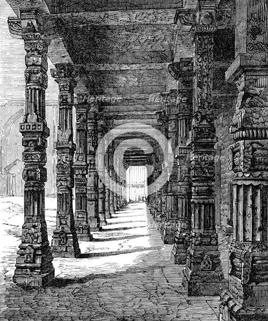 Indian Architecture: colonnade of Hindu pillars near the Kootub, at Delhi, (eleventh century), 1870. Creator: Unknown.
