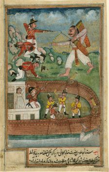 Indian demons attacking fort defended by european troops, c. 1790. Artist: Indian Art