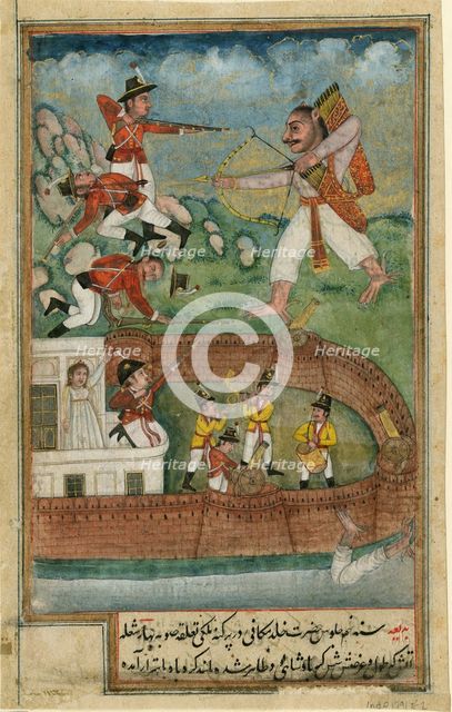 Indian demons attacking fort defended by european troops, c. 1790. Artist: Indian Art  