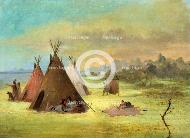Indian Encampment, Comanche (or Kiowa) Dressing Skins, Red River, 1846-1848. Creator: George Catlin.