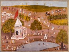 Indian landscape with people swimming near a temple, c1760. Creator: Unknown