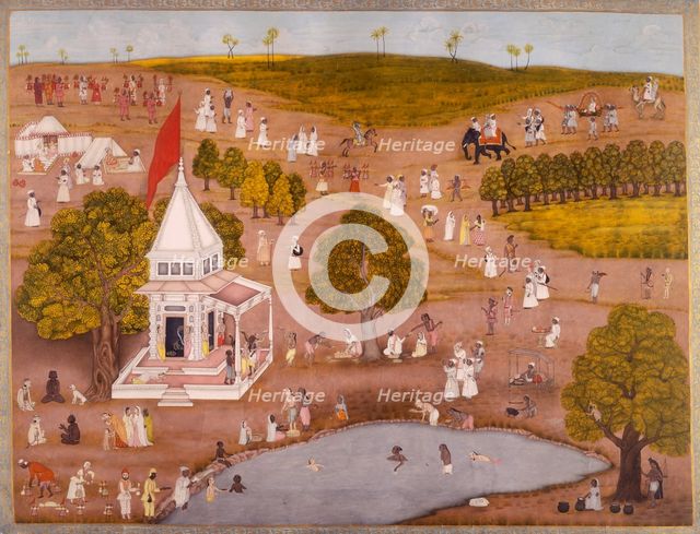 Indian landscape with people swimming near a temple, c1760. Creator: Unknown.