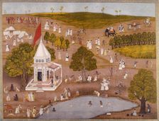 Indian landscape with people swimming near a temple, c1760. Creator: Unknown