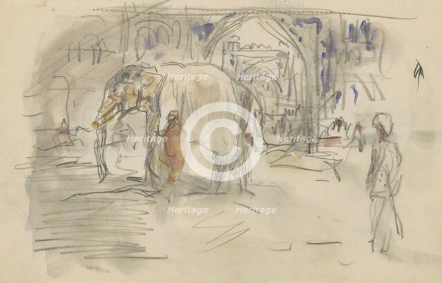 Indian with an elephant at a gate, 1924-1925. Creator: Marius Bauer.