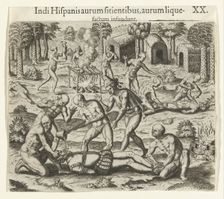 Indians pour liquid gold into the mouth of a Spaniard, 1594. Creator: Bry, Theodor de (1528-1598)
