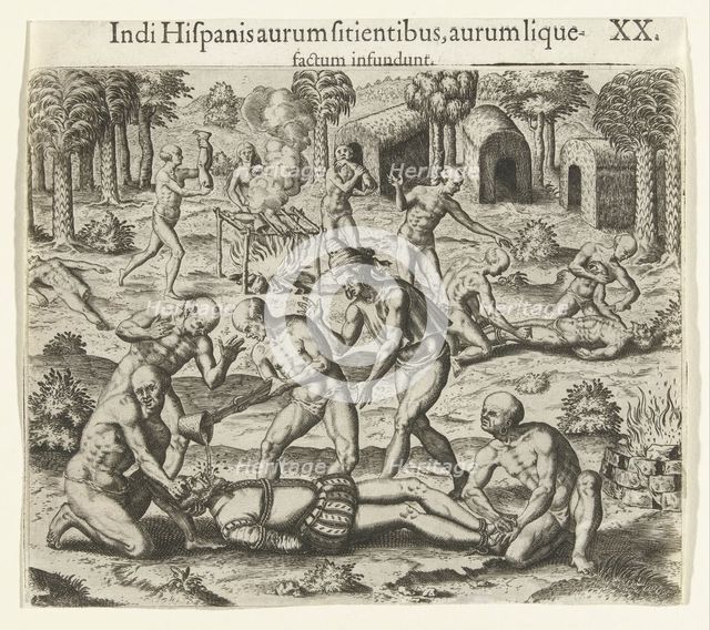 Indians pour liquid gold into the mouth of a Spaniard, 1594. Creator: Bry, Theodor de (1528-1598).
