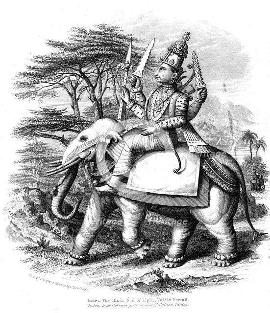 Indra, principal of the Vedic gods of India mounted on his elephant, c1880. Artist: Unknown
