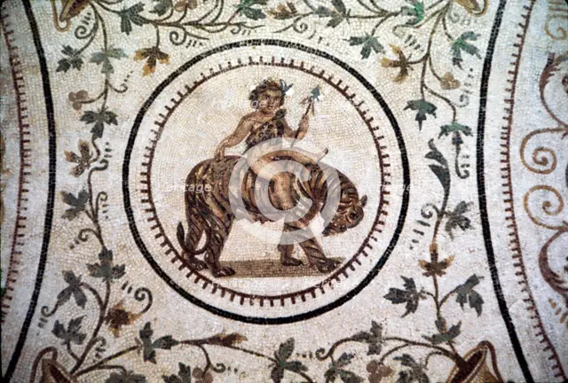 Infant Dionysus Riding on a Tiger, Roman mosaic detail at El Djem, Tunisia. c2nd century.  Artist: Unknown.