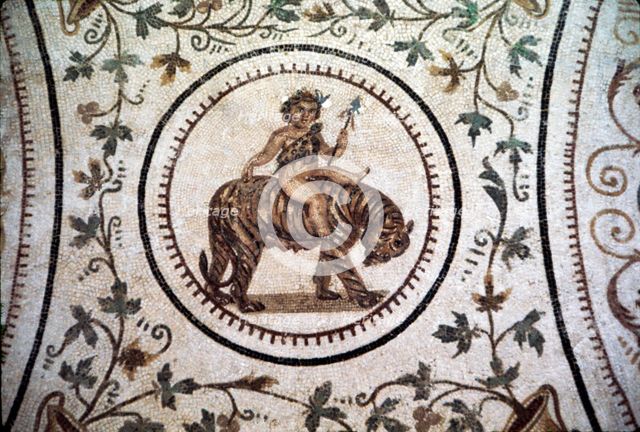 Infant Dionysus Riding on a Tiger, Roman mosaic detail at El Djem, Tunisia. c2nd century.  Artist: Unknown.