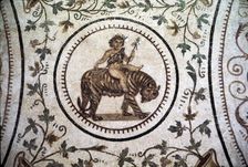 Infant Dionysus Riding on a Tiger, Roman mosaic detail at El Djem, Tunisia. c2nd century