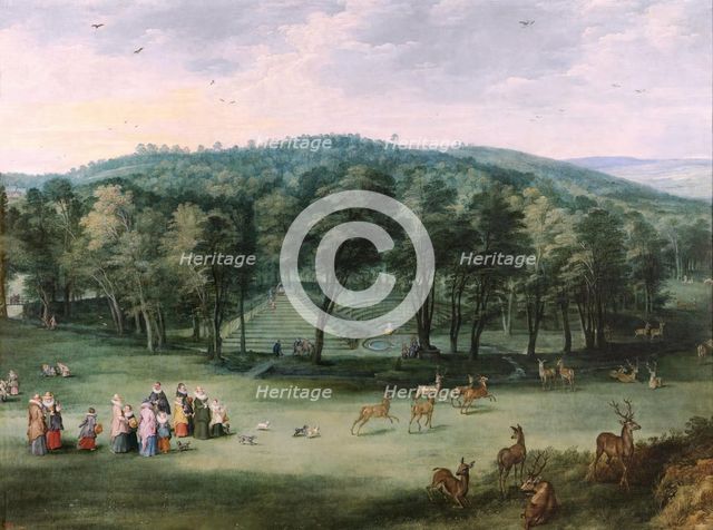 Infanta Isabel Clara Eugenia in Mariemont Park, 1600-1625. Creators: Jan Brueghel the Elder, Joos de Momper, the younger.