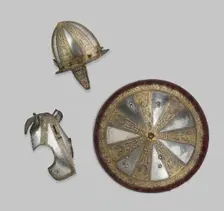 Infantry Garniture of a Target (Shield) and Pointed Morion, Milan, 1570/80. Creator: Unknown