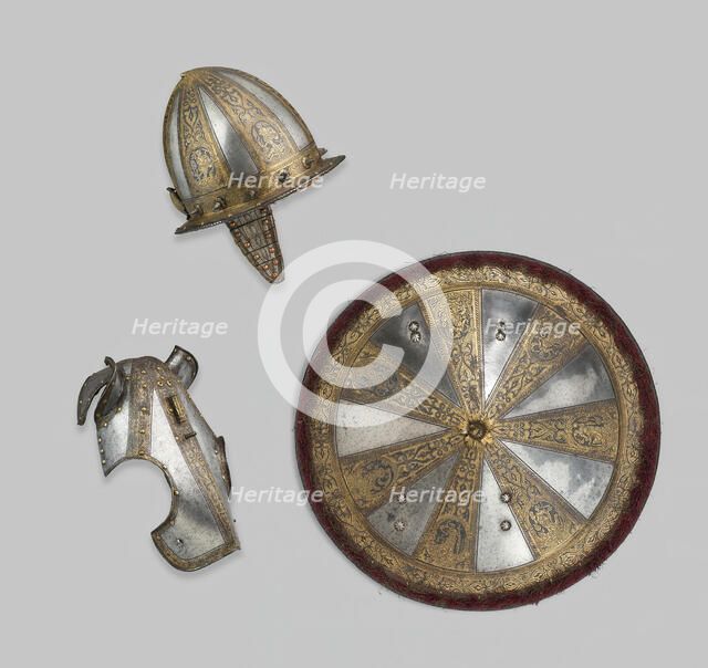 Infantry Garniture of a Target (Shield) and Pointed Morion, Milan, 1570/80. Creator: Unknown.