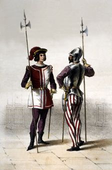 Infantry. Year 1504. Soldier of the Halberdiers Guard of the Kings. Engraving from 1851
