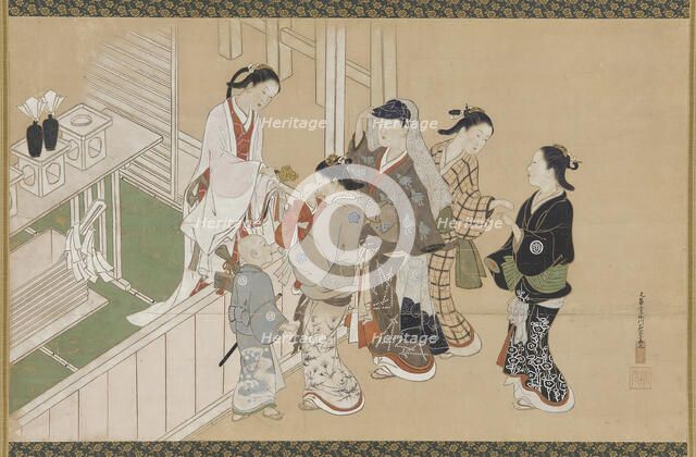 Infant's first visit to a Shinto shrine, Edo period, late 17th-early 18th century. Creator: Nishikawa Sukenobu.