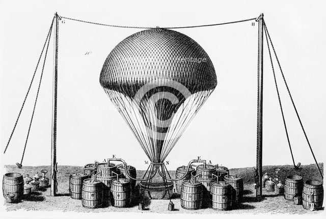 Inflating a hydrogen balloon, 1845. Artist: Unknown