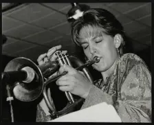 Ingrid Jensen playing the flugelhorn at The Fairway, Welwyn Garden City, Hertfordshire, 1997. Creator: Denis Williams