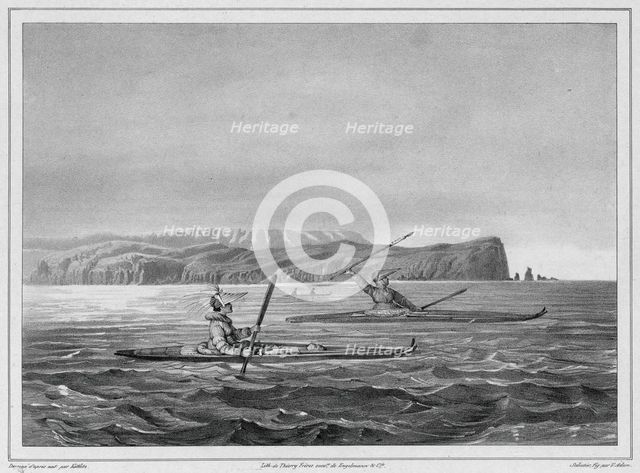 Inhabitants of Ounalacheka with their canoes (Aleutian Islands), 19th century. Creators: Friedrich Heinrich Kittlitz, Victor Adam, Godefroy Engelmann, Leon Jean-Baptiste Sabatier.