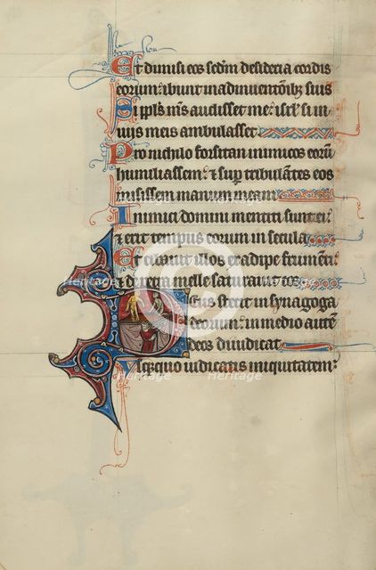 Initial T: Nebuchadnezzar Holding a Jewish Captive; Bute Psalter, text and illumination about 1285. Creator: Bute Master.