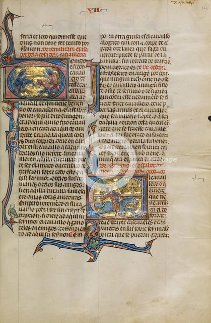 Initial T: A Joust between Two Knights: Initial E: A Knight on Horseback..., about 1290-1310. Creator: Unknown.