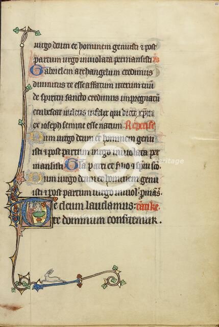 Initial T: A Nimbed Cleric Baptizing Another Nimbed and Tonsured Cleric..., about 1300. Creator: Unknown.