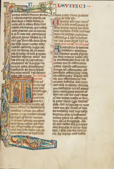 Initial T: Aaron and an Israelite; Historia Scholastica, about 1300. Creator: Unknown