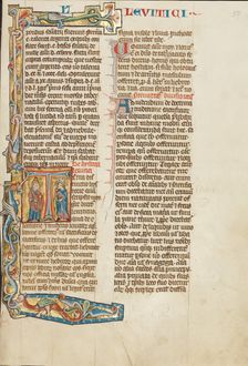 Initial T: Aaron and an Israelite; Historia Scholastica, about 1300. Creator: Unknown