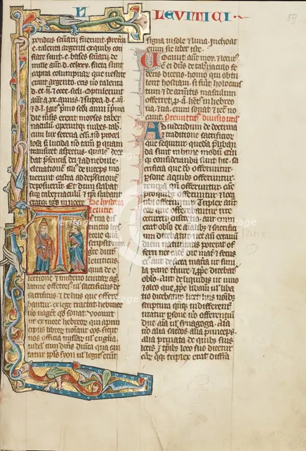 Initial T: Aaron and an Israelite; Historia Scholastica, about 1300. Creator: Unknown.