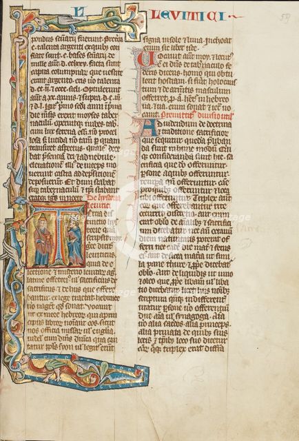 Initial T: Aaron and an Israelite; Historia Scholastica, about 1300. Creator: Unknown.